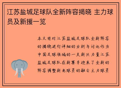 江苏盐城足球队全新阵容揭晓 主力球员及新援一览