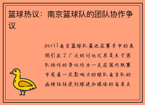 篮球热议:南京篮球队的团队协作争议