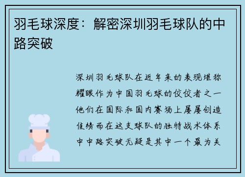 羽毛球深度:解密深圳羽毛球队的中路突破