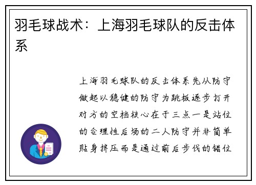 羽毛球战术:上海羽毛球队的反击体系