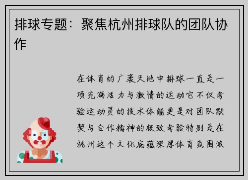 排球专题：聚焦杭州排球队的团队协作